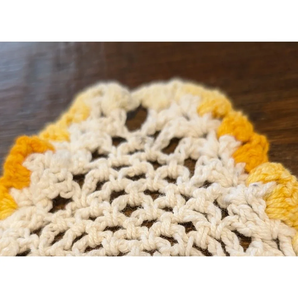 Large Star Shaped Round Crocheted Cotton Doily Orange Off-White  21.75